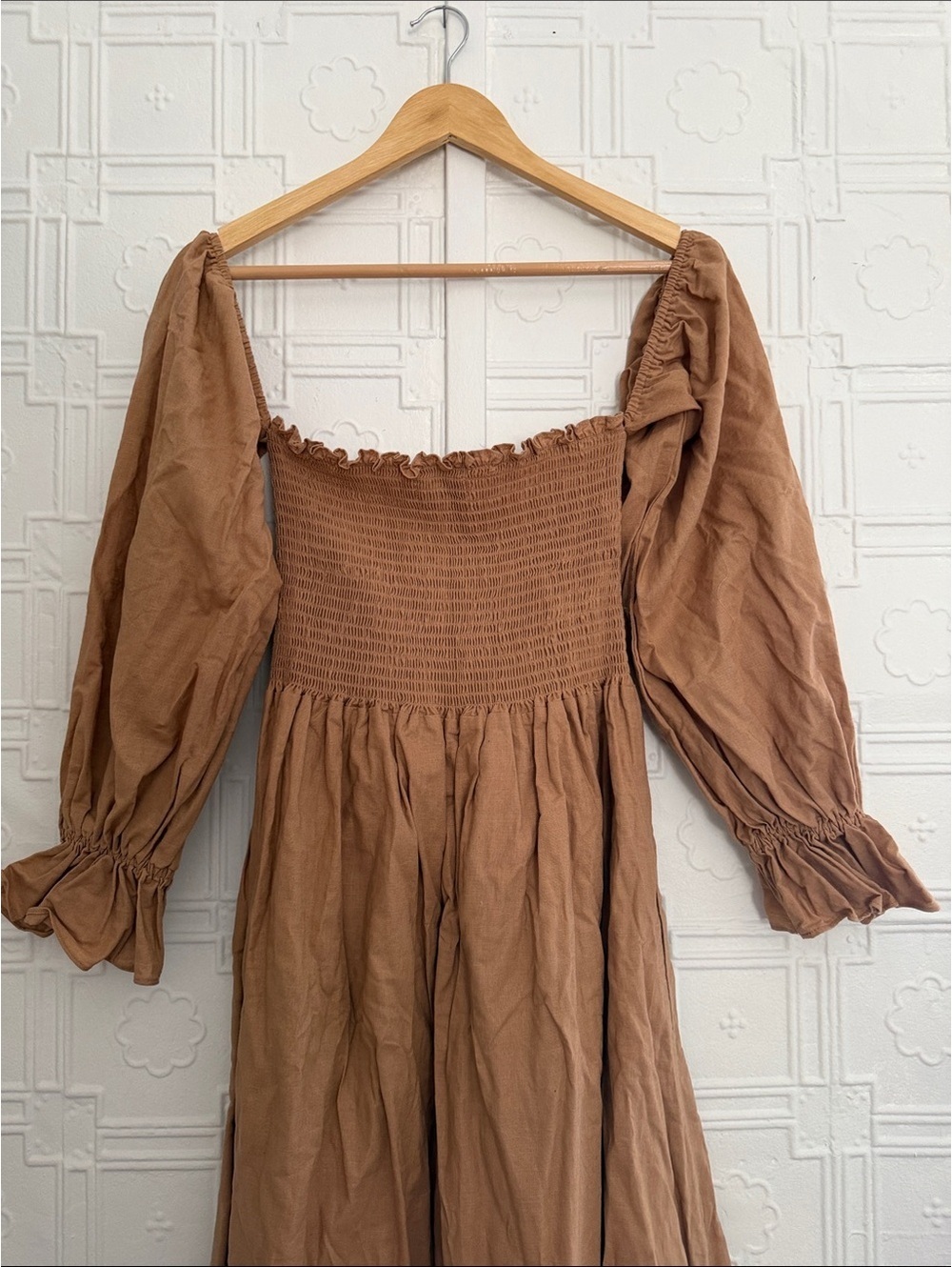 Petal + Pup Brown Linen Blend Smocked Midi Dress Puff Sleeve Size L Cottagescore - Picture 6 of 10